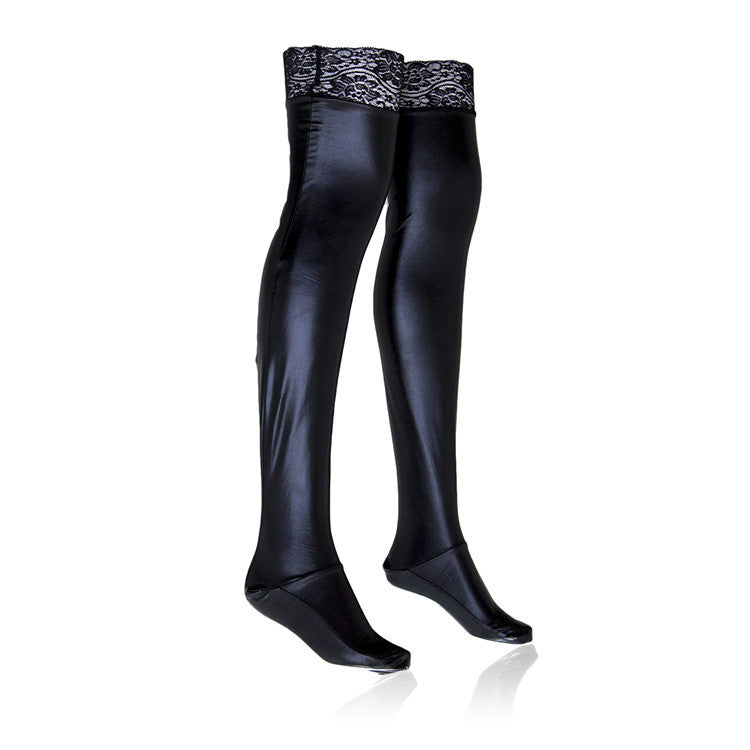 The Horny Company - Black Dragon Faux Leather Stockings With Anti-slip Lace Trim