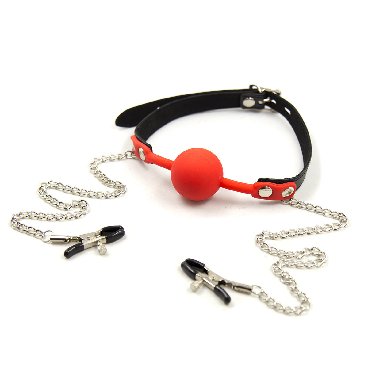 The Horny Company - Black Dragon Bondage Ball Gag Red with Nipple Clamps