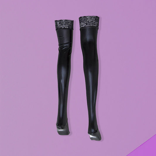 The Horny Company - Black Dragon Faux Leather Stockings With Anti-slip Lace Trim