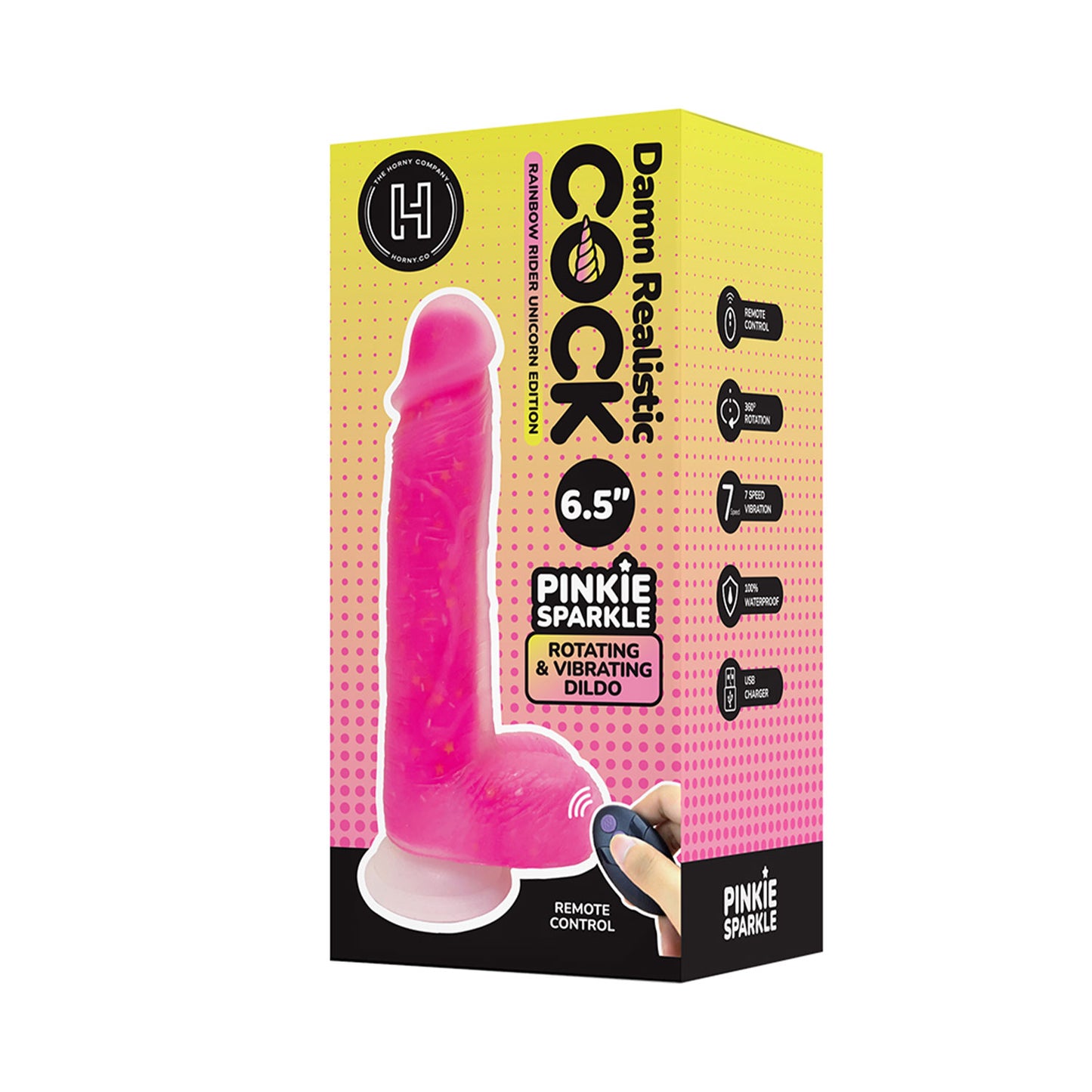 The Horny Company - Damn Realistic Cock 6.5" Remote-Controlled Rotating and Vibrating Dual Density Silicone Dildo Pinkie Sparkle